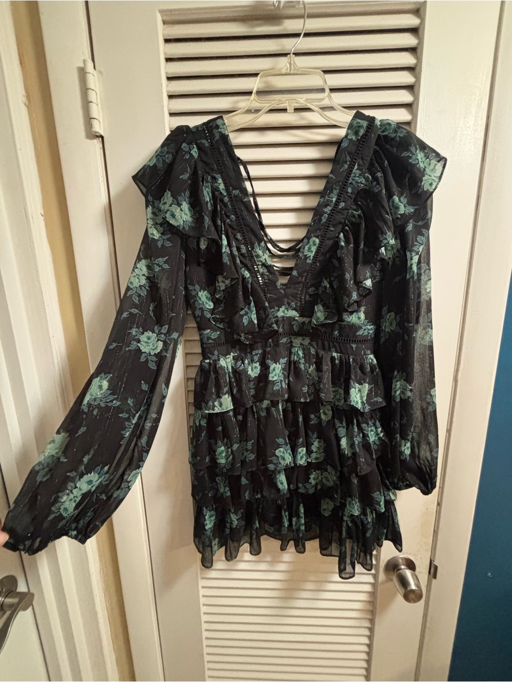 Altar'd State Black & Teal Floral Ruffled V-Neck Long Sleeve Dress